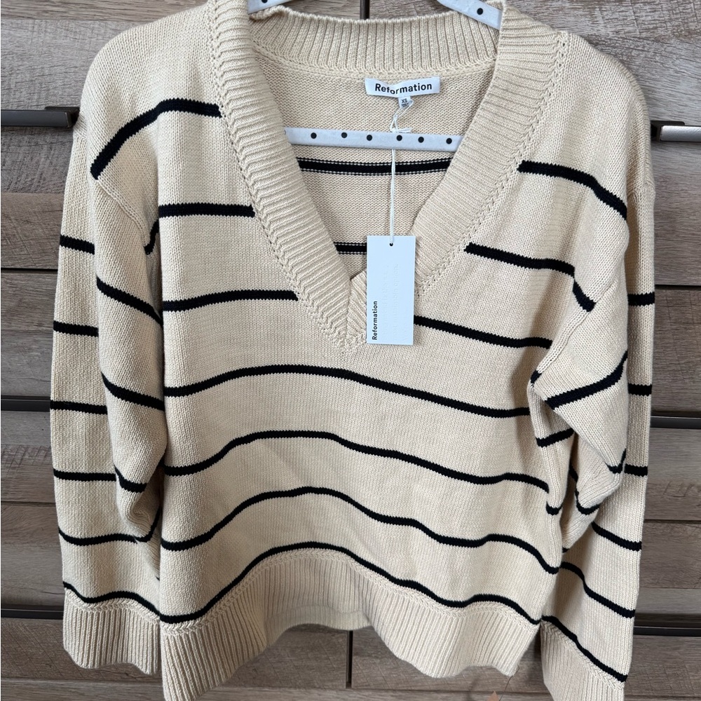 Reformation Cream and Black Striped Women's Sweater